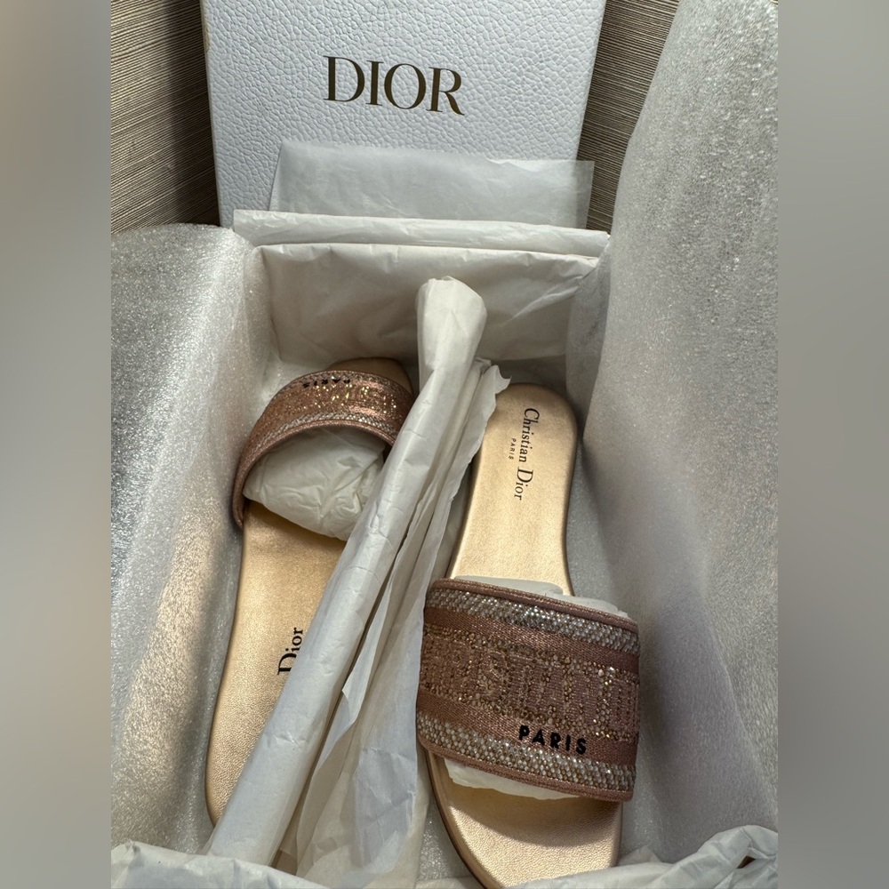 Dior Women's Dway Slide - Metallic Thread & Pink/Rose Gold Strass / Rhinestones